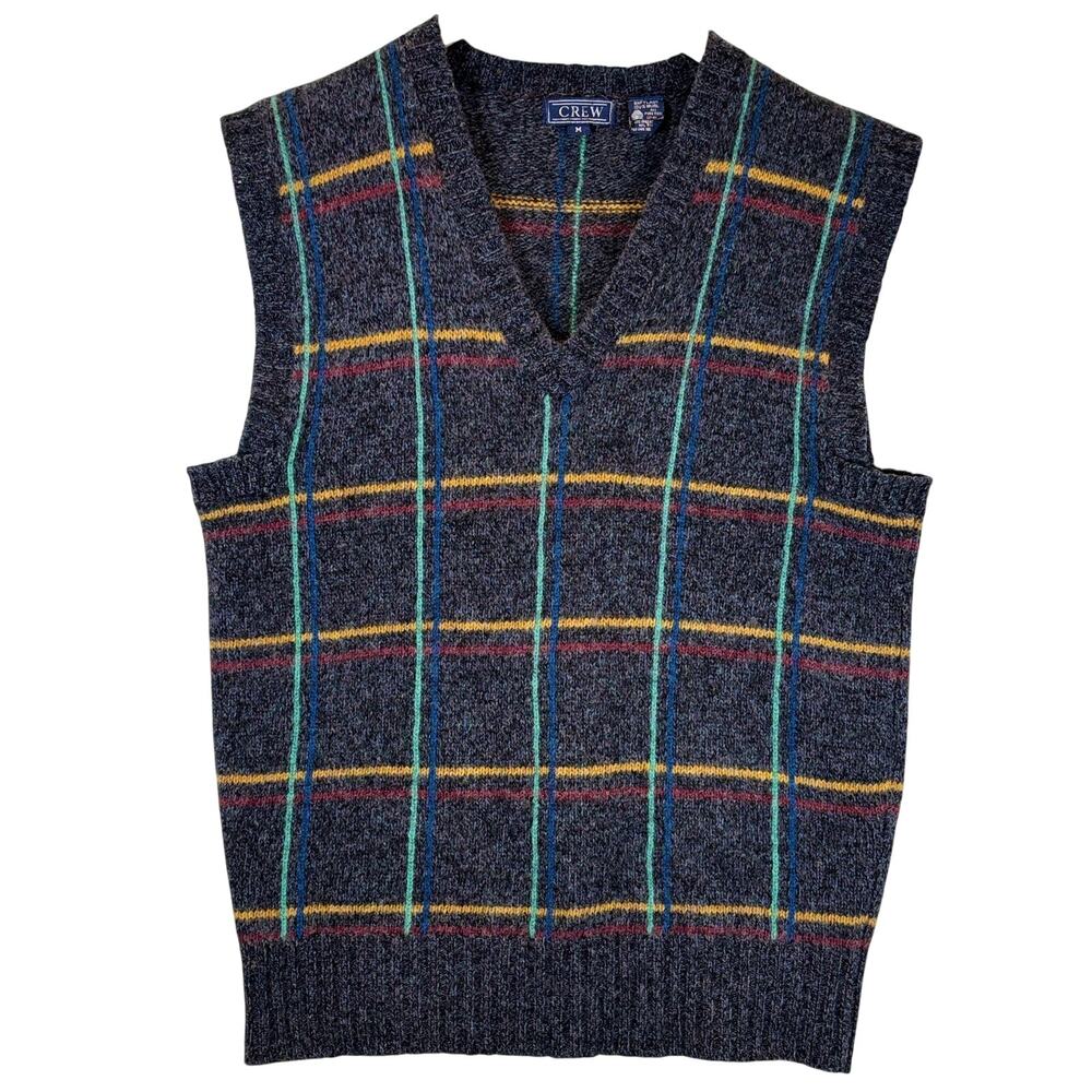 Vintage Shetland Wool Vest Sweater Medium Blue Windowpane Made in Hong Kong